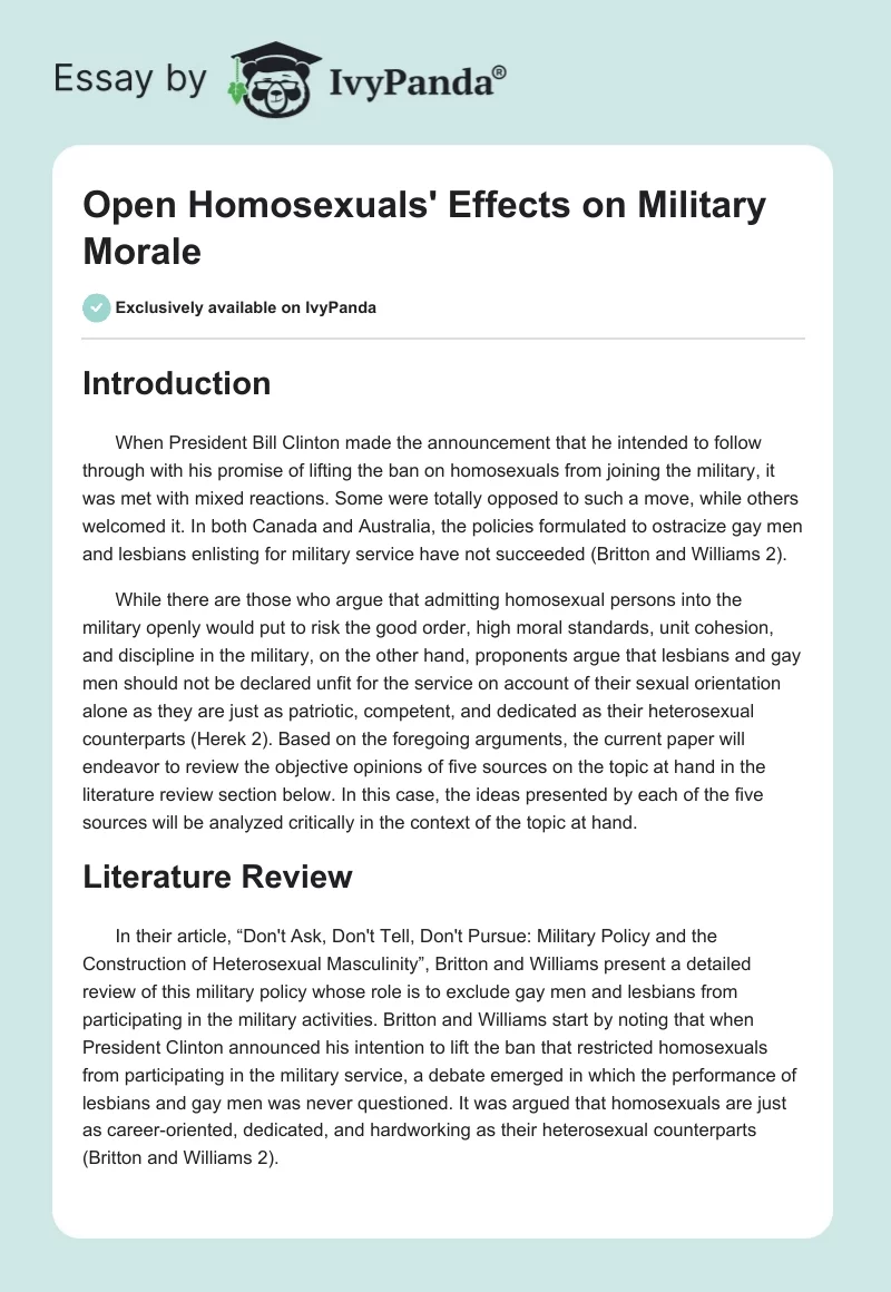 Open Homosexuals' Effects on Military Morale. Page 1