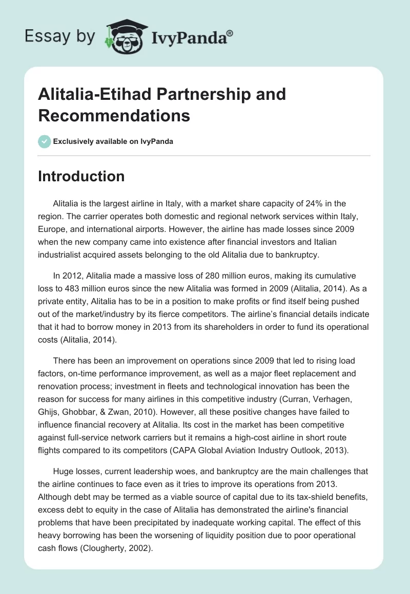 Alitalia-Etihad Partnership and Recommendations. Page 1