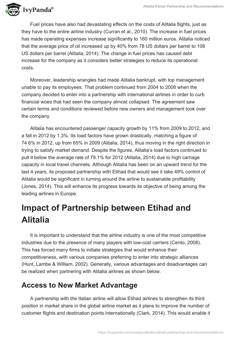 Alitalia-Etihad Partnership and Recommendations. Page 2