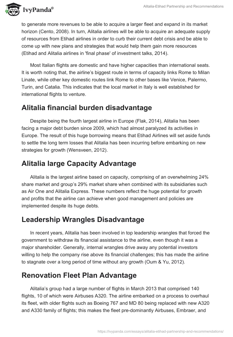 Alitalia-Etihad Partnership and Recommendations. Page 3