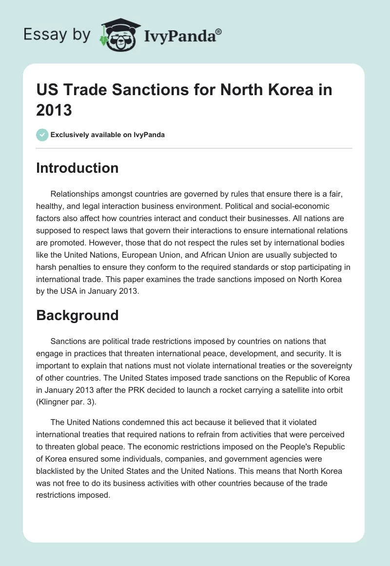 US Trade Sanctions for North Korea in 2013. Page 1
