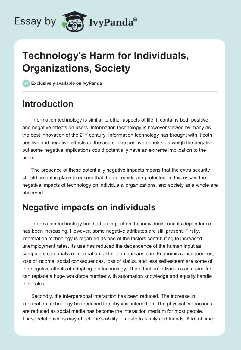 Technology's Harm for Individuals, Organizations, Society. Page 1