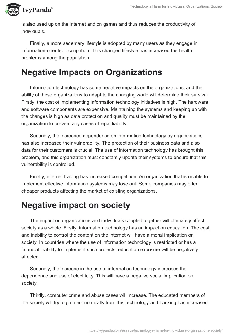 Technology's Harm for Individuals, Organizations, Society. Page 2