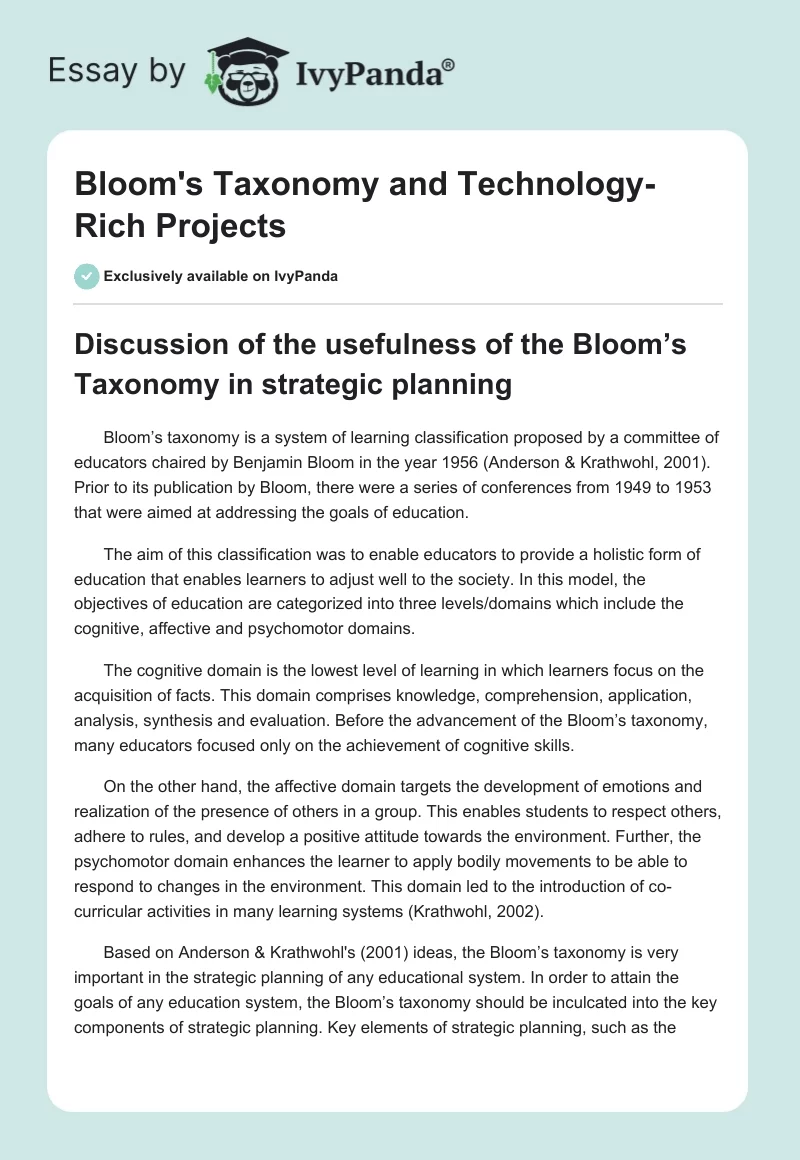 Bloom's Taxonomy and Technology-Rich Projects. Page 1