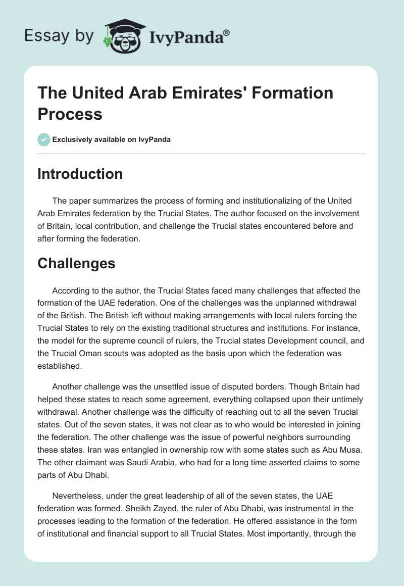 The United Arab Emirates' Formation Process. Page 1