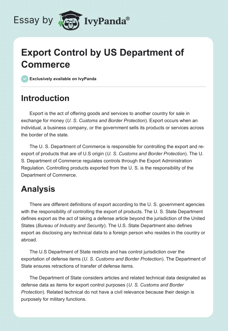 Export Control by US Department of Commerce. Page 1