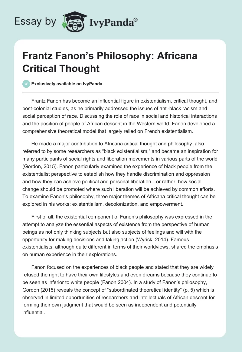 Frantz Fanon’s Philosophy: Africana Critical Thought. Page 1