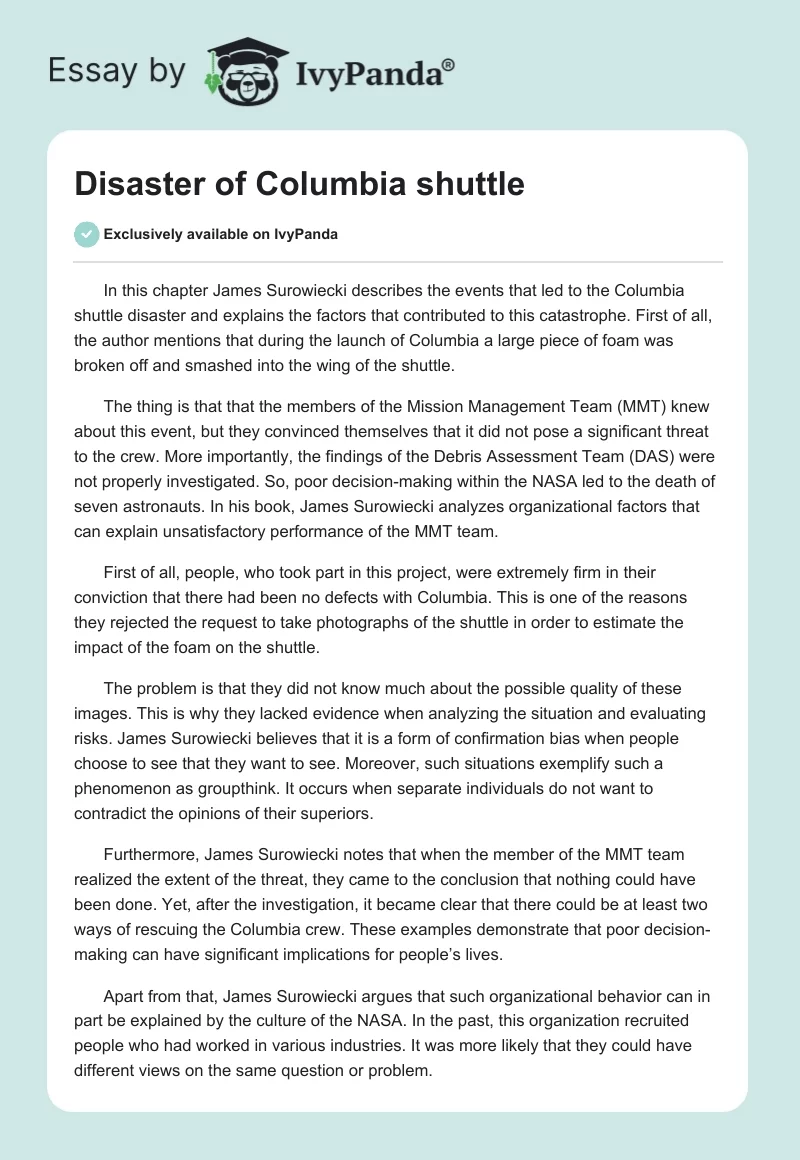 Disaster of Columbia shuttle. Page 1