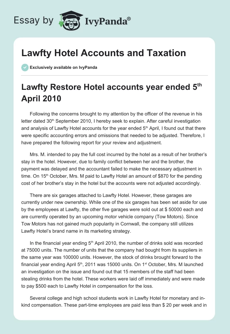 Lawfty Hotel Accounts and Taxation. Page 1