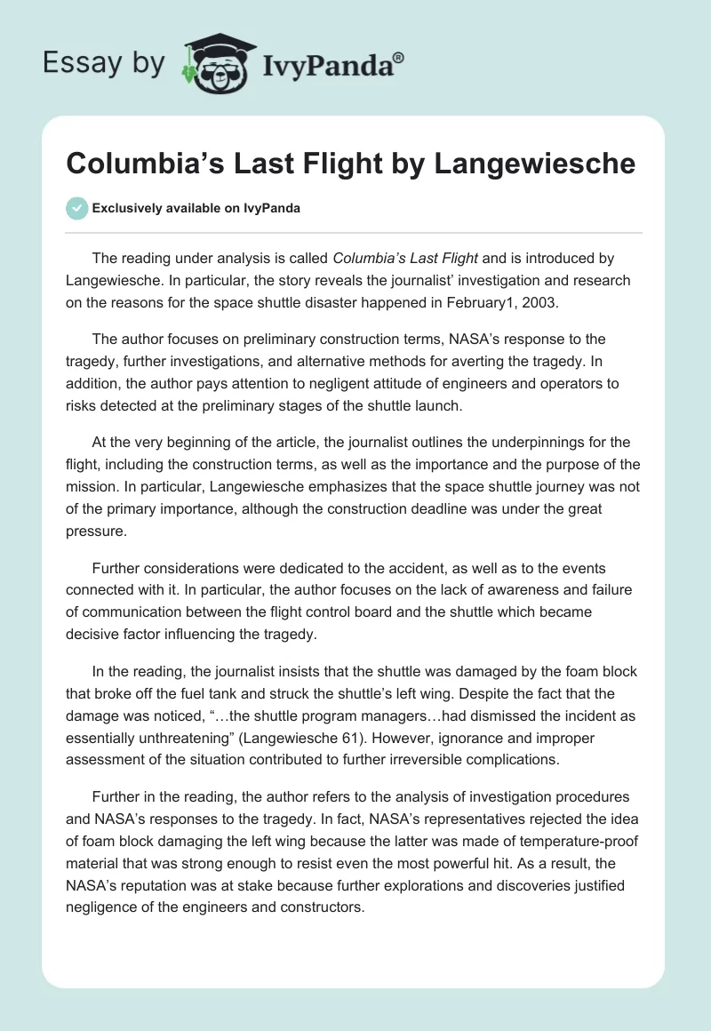 Columbia’s Last Flight by Langewiesche. Page 1