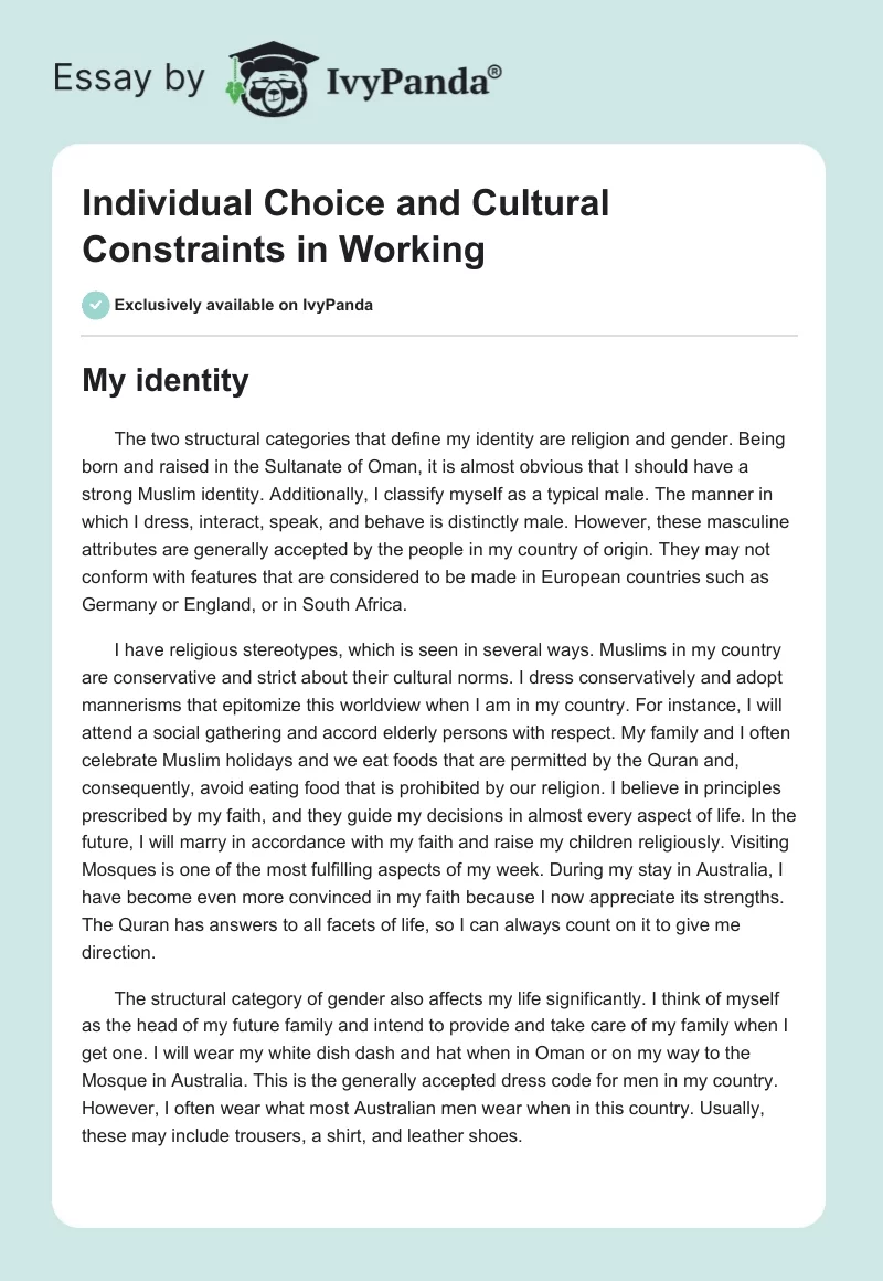 Individual Choice and Cultural Constraints in Working. Page 1