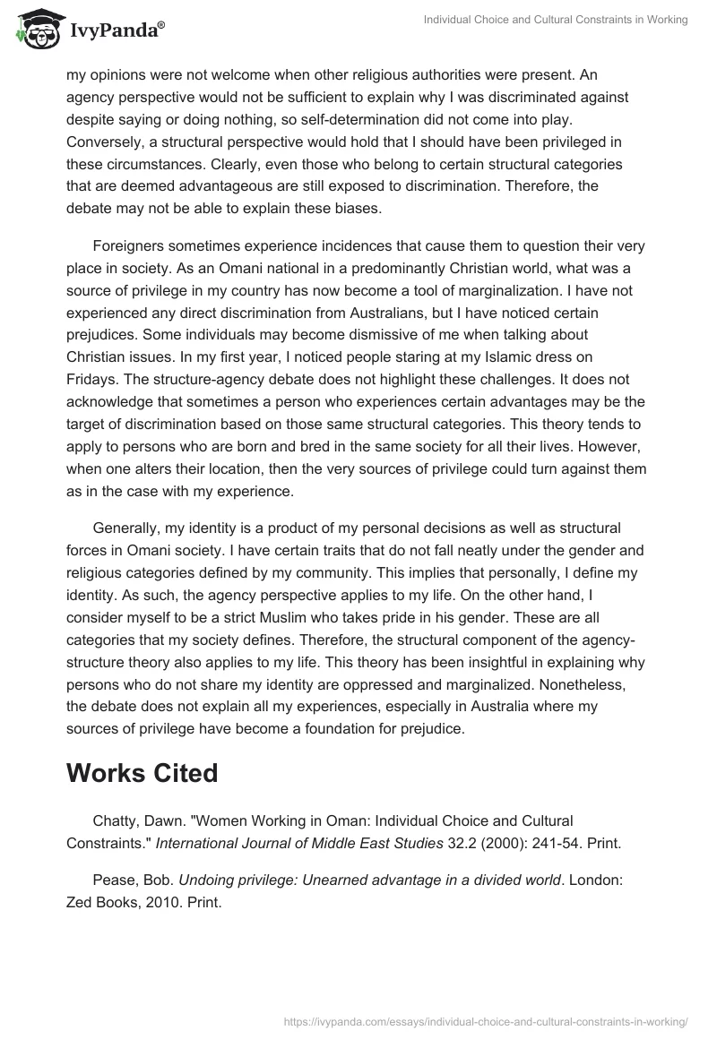 Individual Choice and Cultural Constraints in Working. Page 5