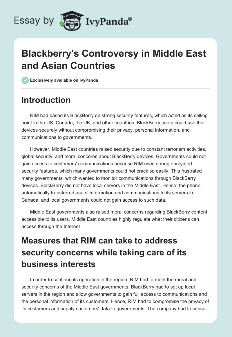 Blackberry's Controversy in Middle East and Asian Countries. Page 1