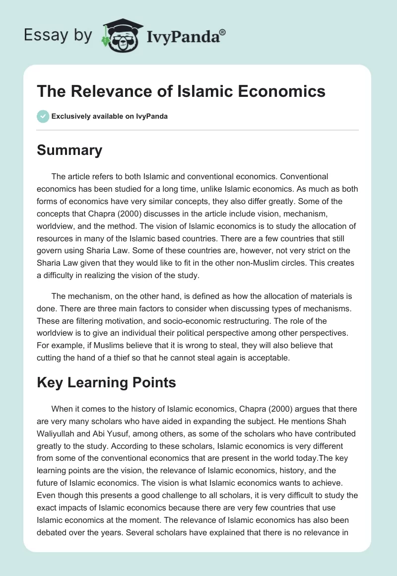 The Relevance of Islamic Economics. Page 1