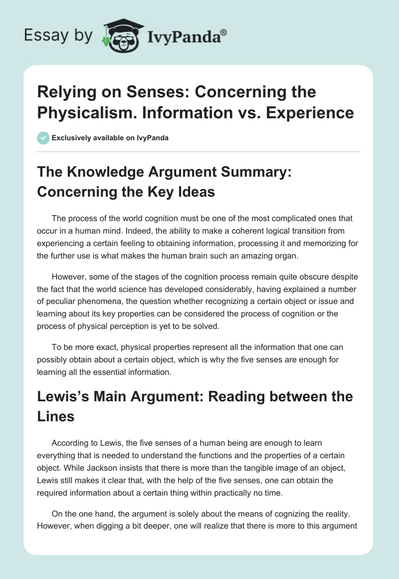 Relying on Senses: Concerning the Physicalism. Information vs. Experience. Page 1