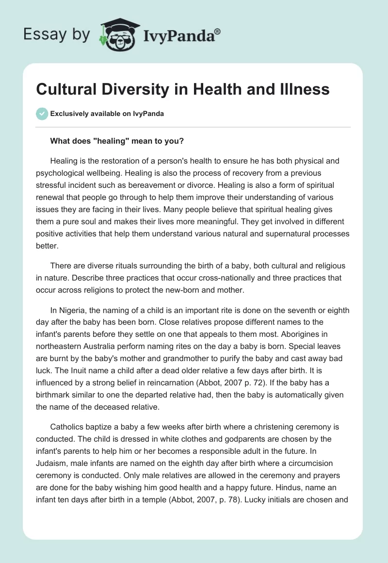 Cultural Diversity in Health and Illness. Page 1