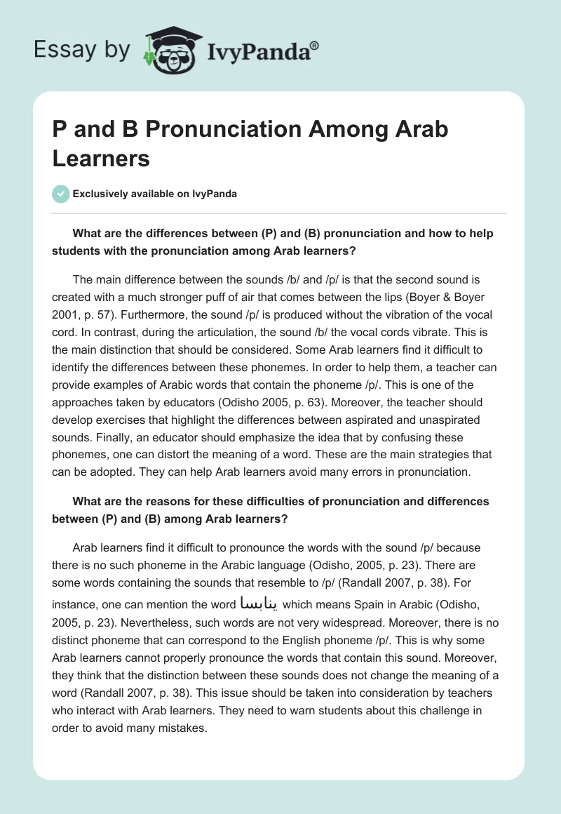P and B Pronunciation Among Arab Learners. Page 1