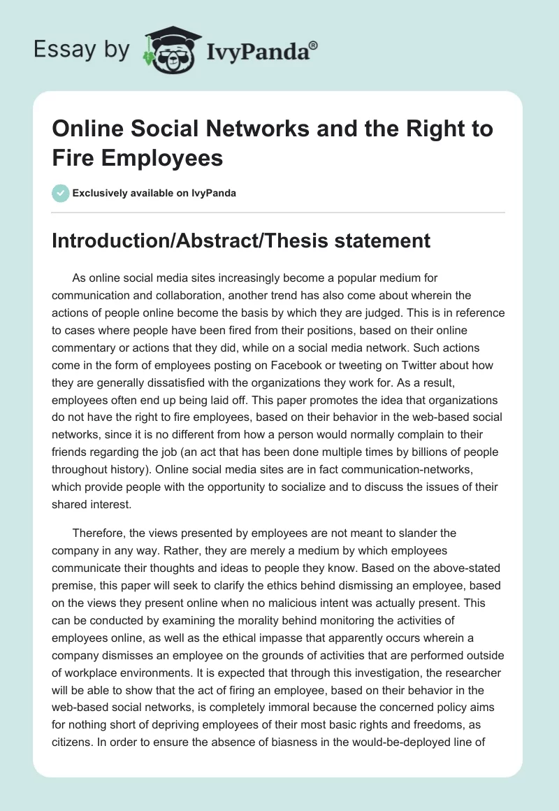 Online Social Networks and the Right to Fire Employees. Page 1