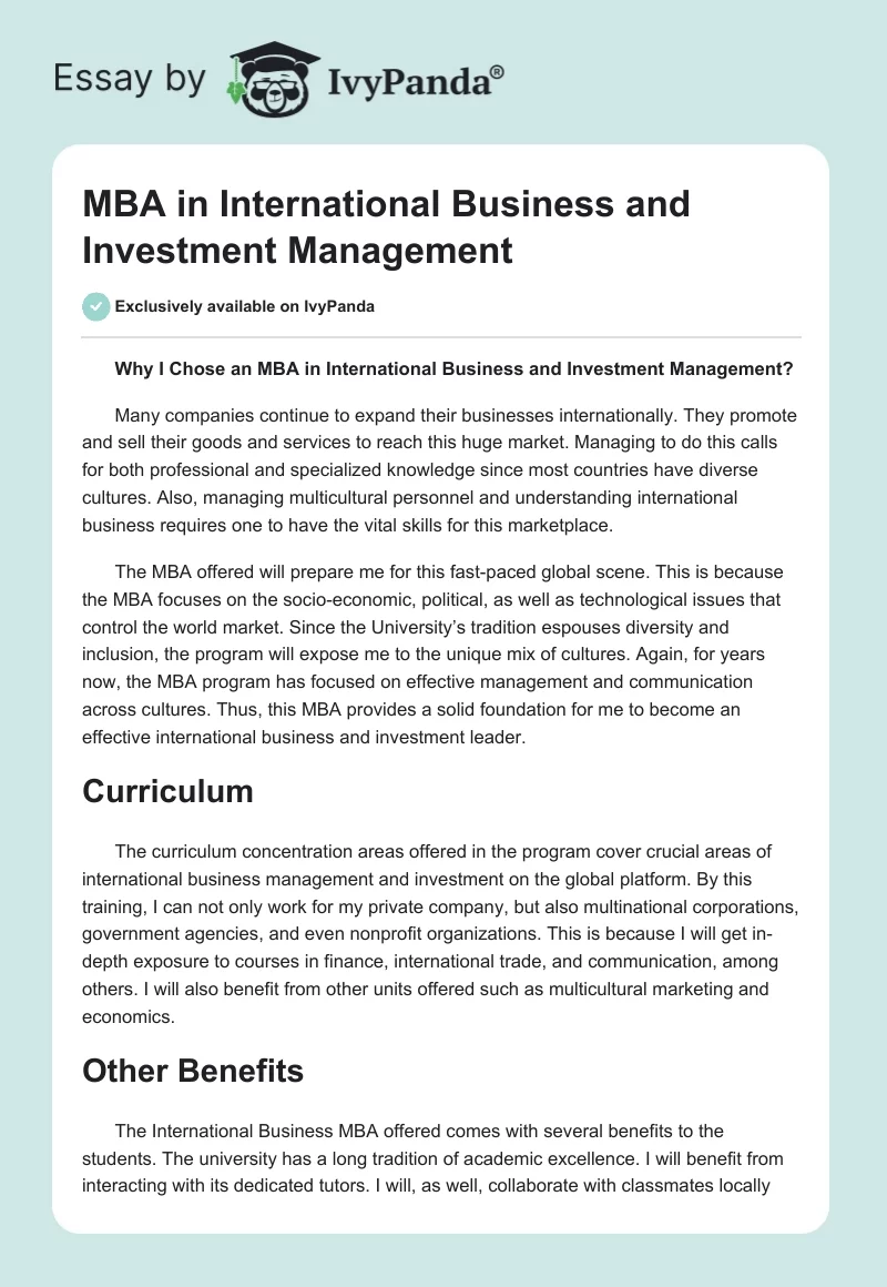 MBA in International Business and Investment Management. Page 1
