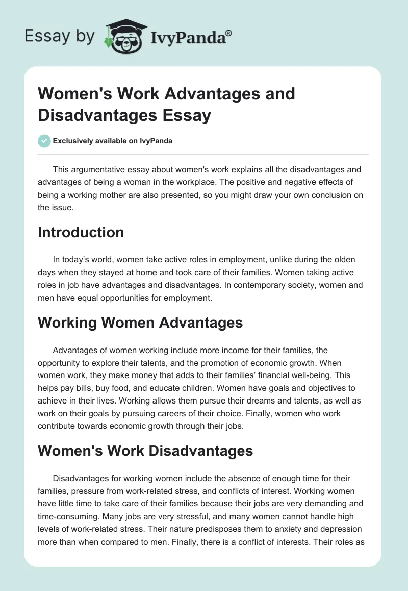 Women's Work Advantages and Disadvantages Essay. Page 1
