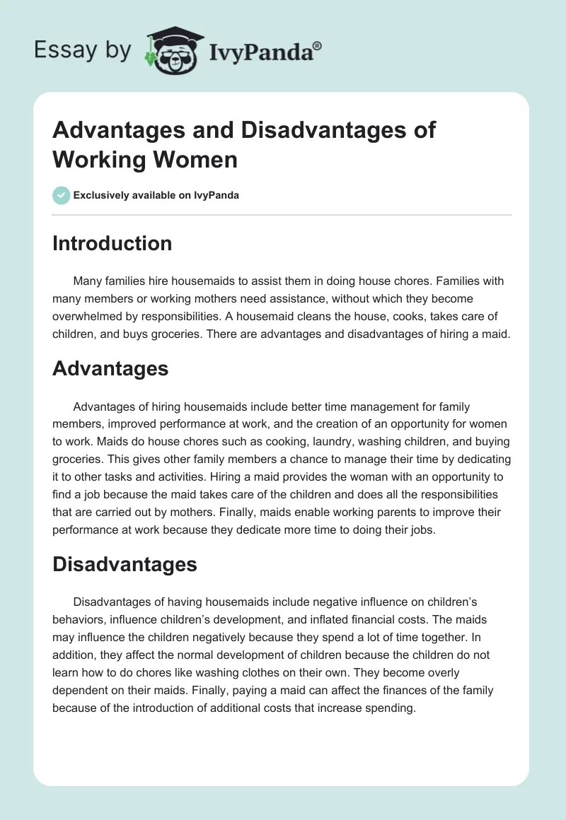 Advantages and Disadvantages of Working Women. Page 1