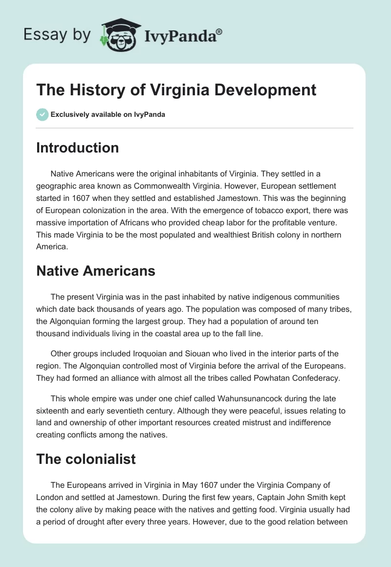 The History of Virginia Development. Page 1