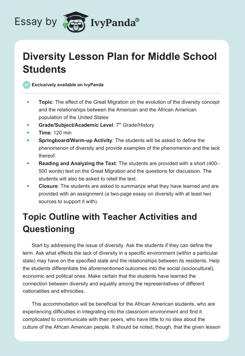 Diversity Lesson Plan for Middle School Students. Page 1