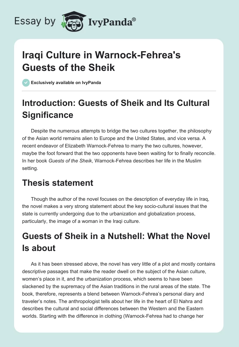 Iraqi Culture in Warnock-Fehrea's "Guests of the Sheik". Page 1