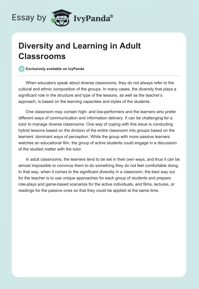 Diversity and Learning in Adult Classrooms. Page 1