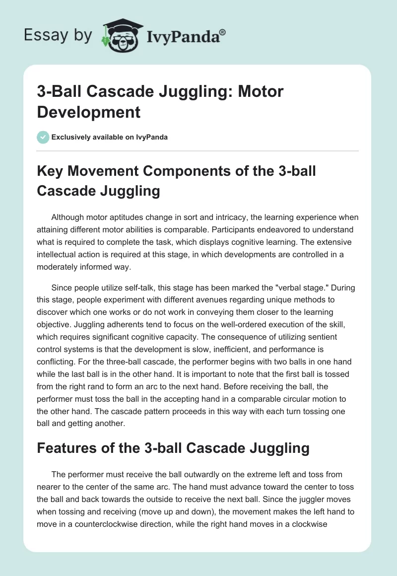 3-Ball Cascade Juggling: Motor Development. Page 1