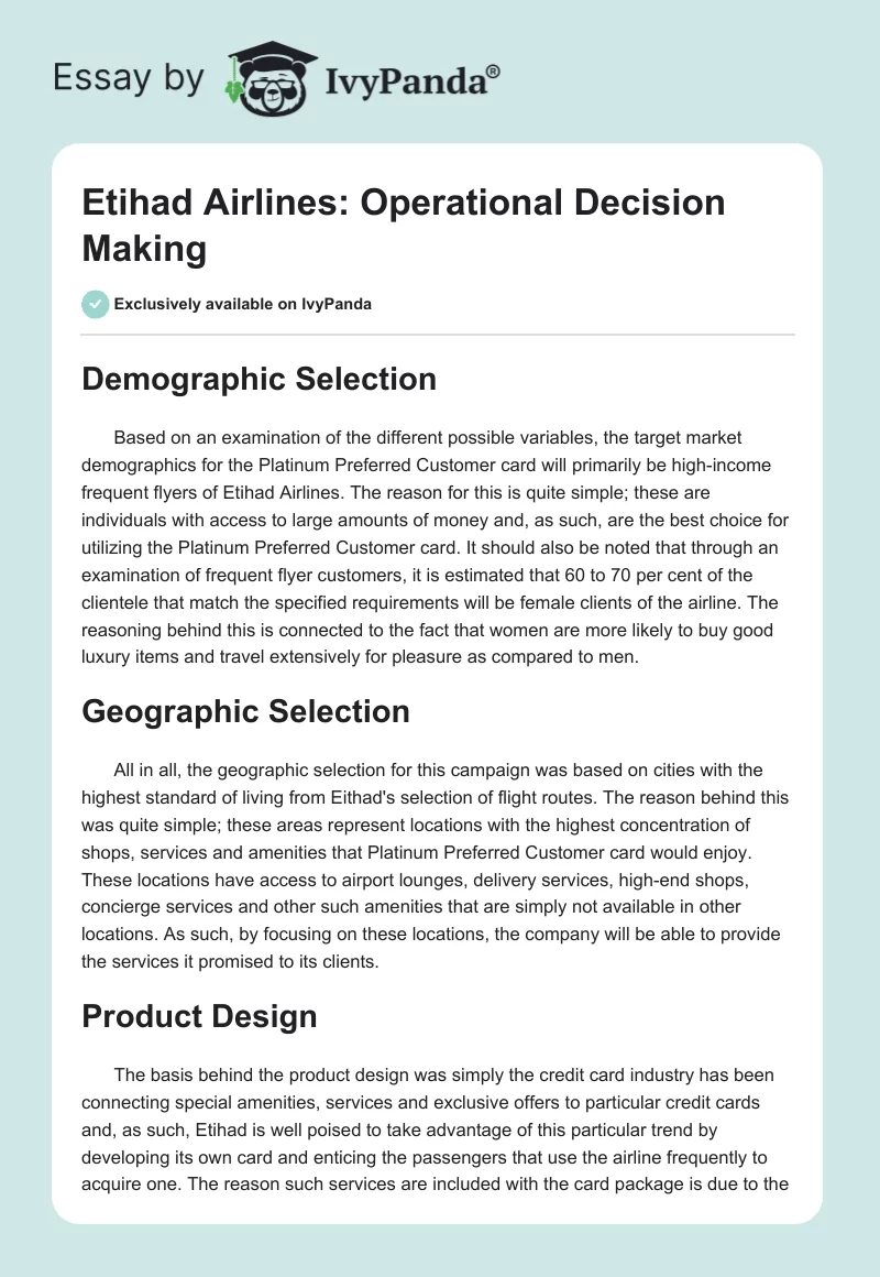 Etihad Airlines: Operational Decision Making. Page 1