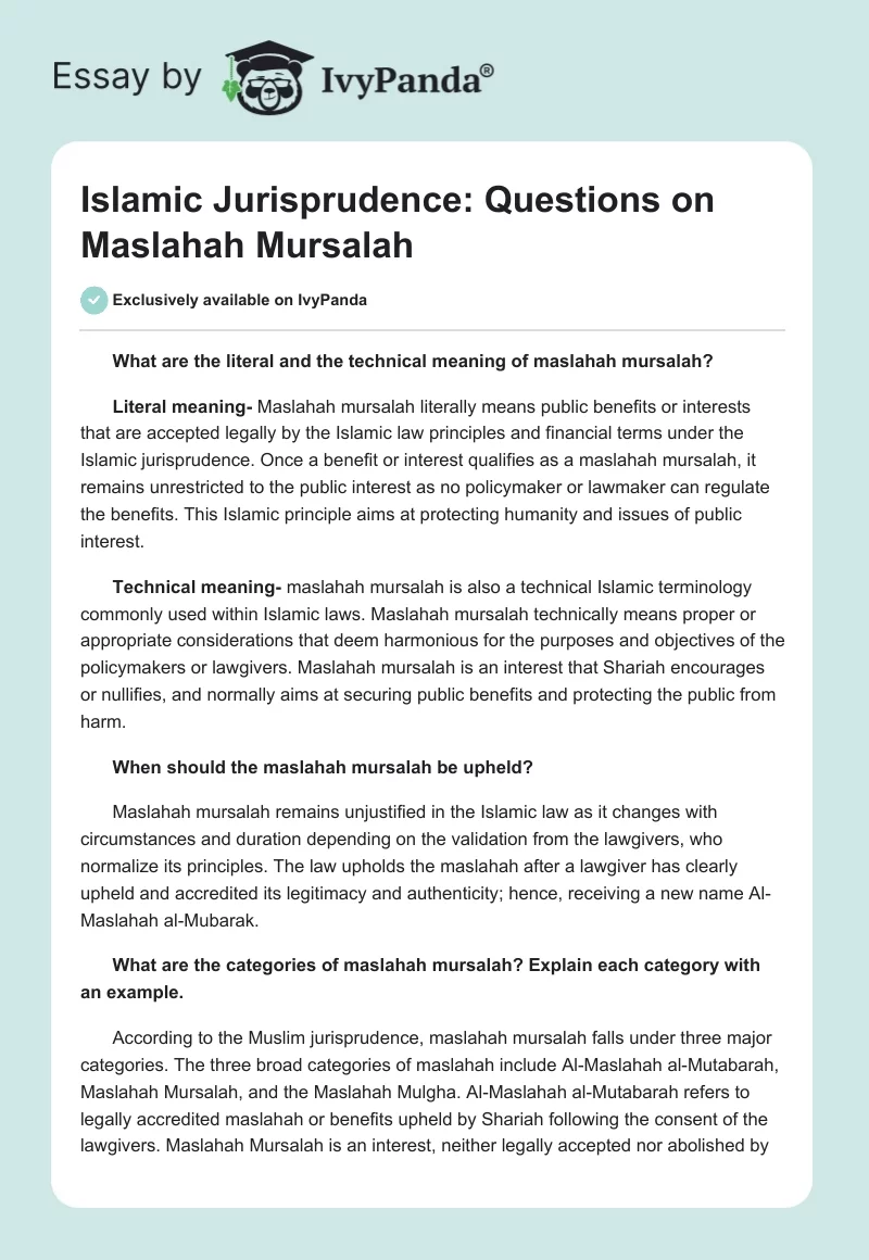 Islamic Jurisprudence: Questions on Maslahah Mursalah. Page 1