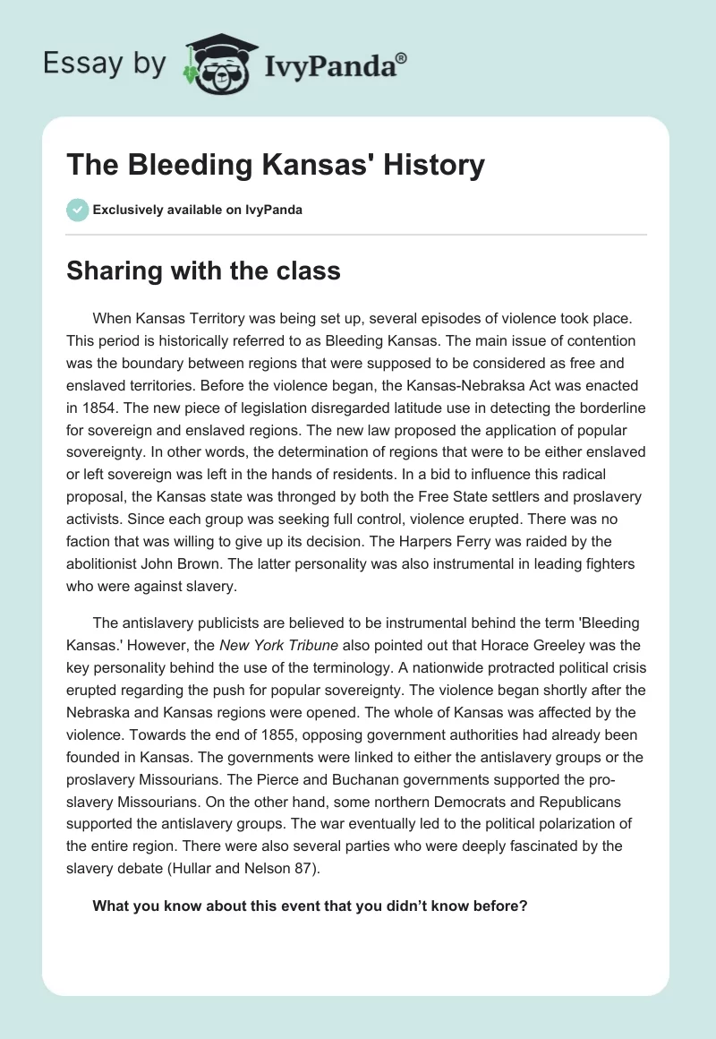 The Bleeding Kansas' History. Page 1