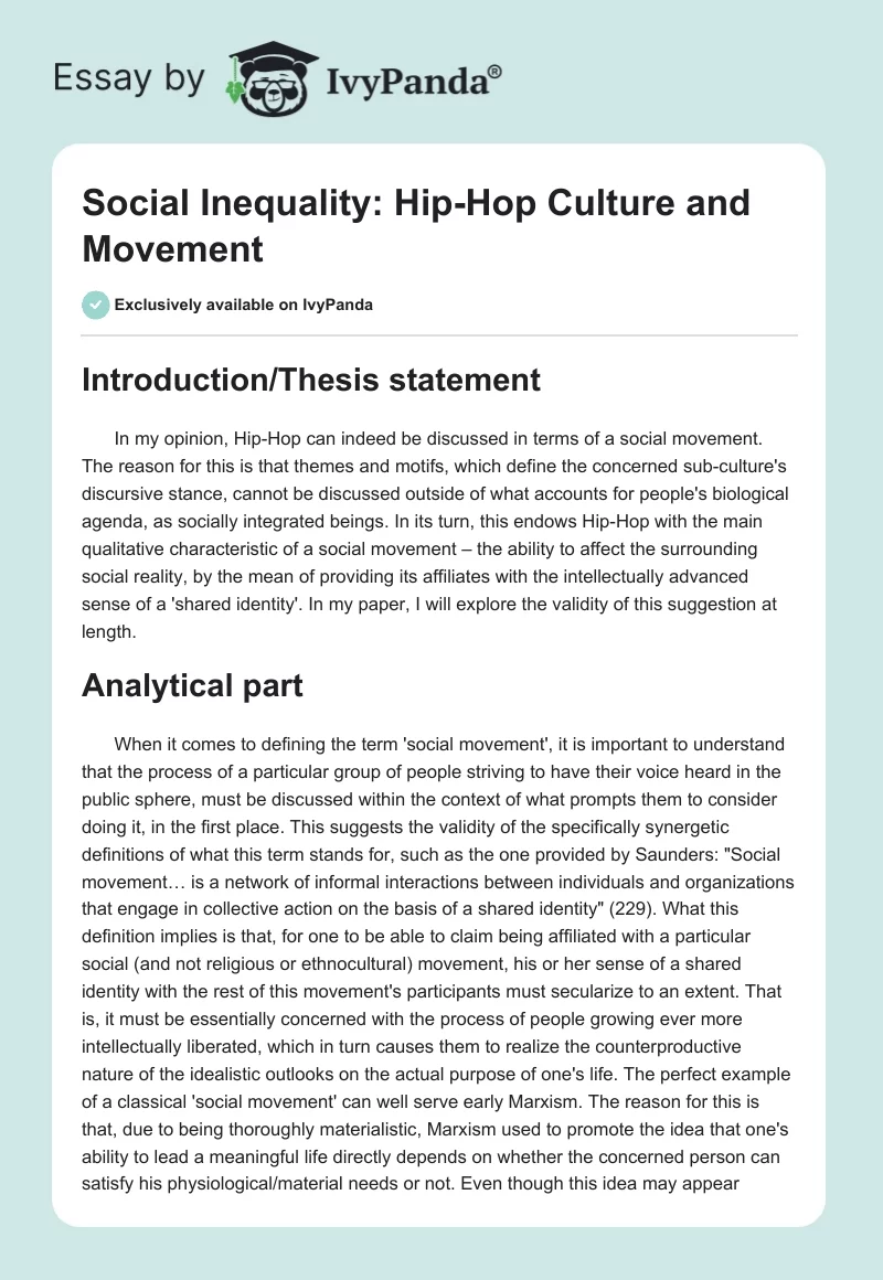 Social Inequality: Hip-Hop Culture and Movement. Page 1