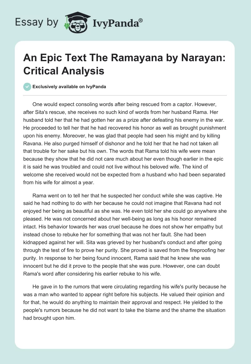 An Epic Text "The Ramayana" by Narayan: Critical Analysis. Page 1