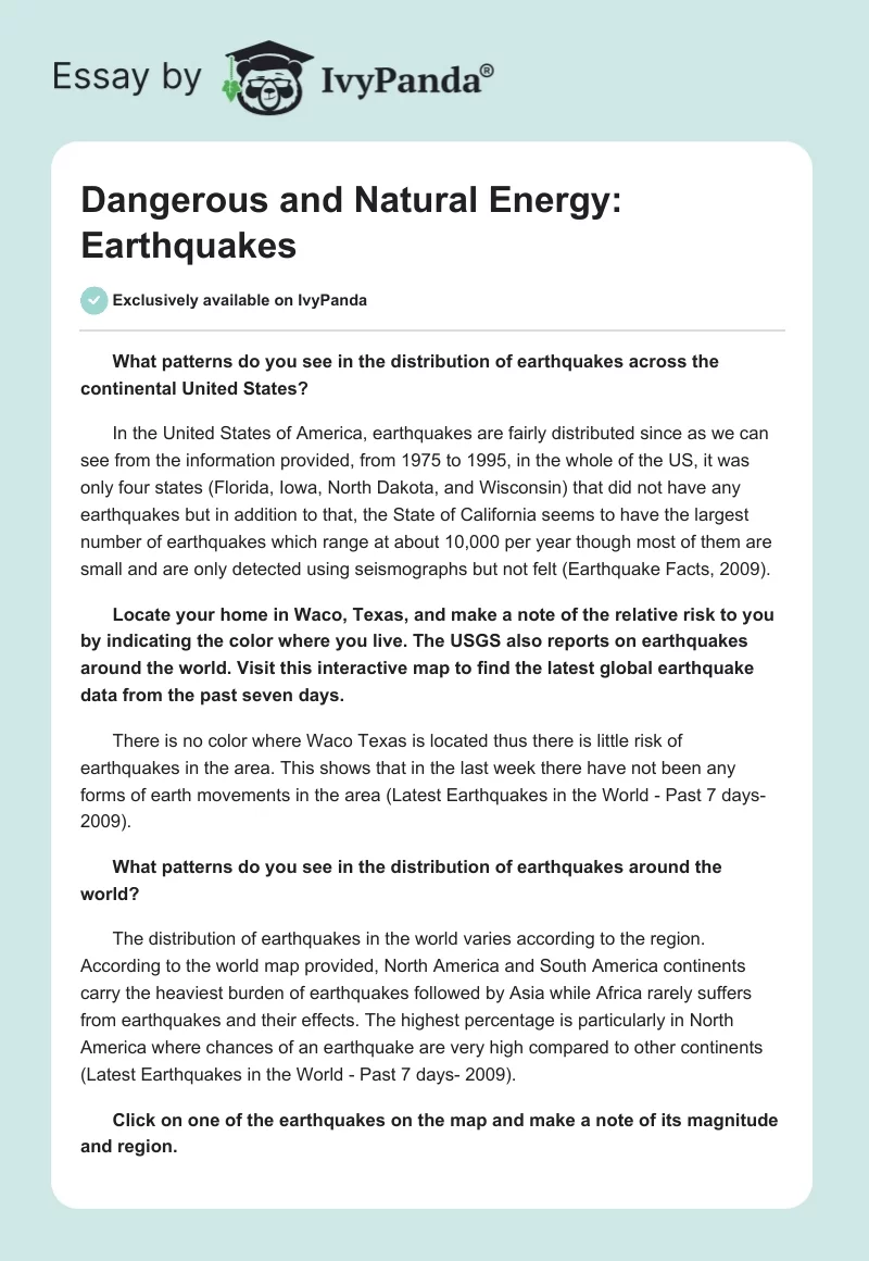 Dangerous and Natural Energy: Earthquakes. Page 1