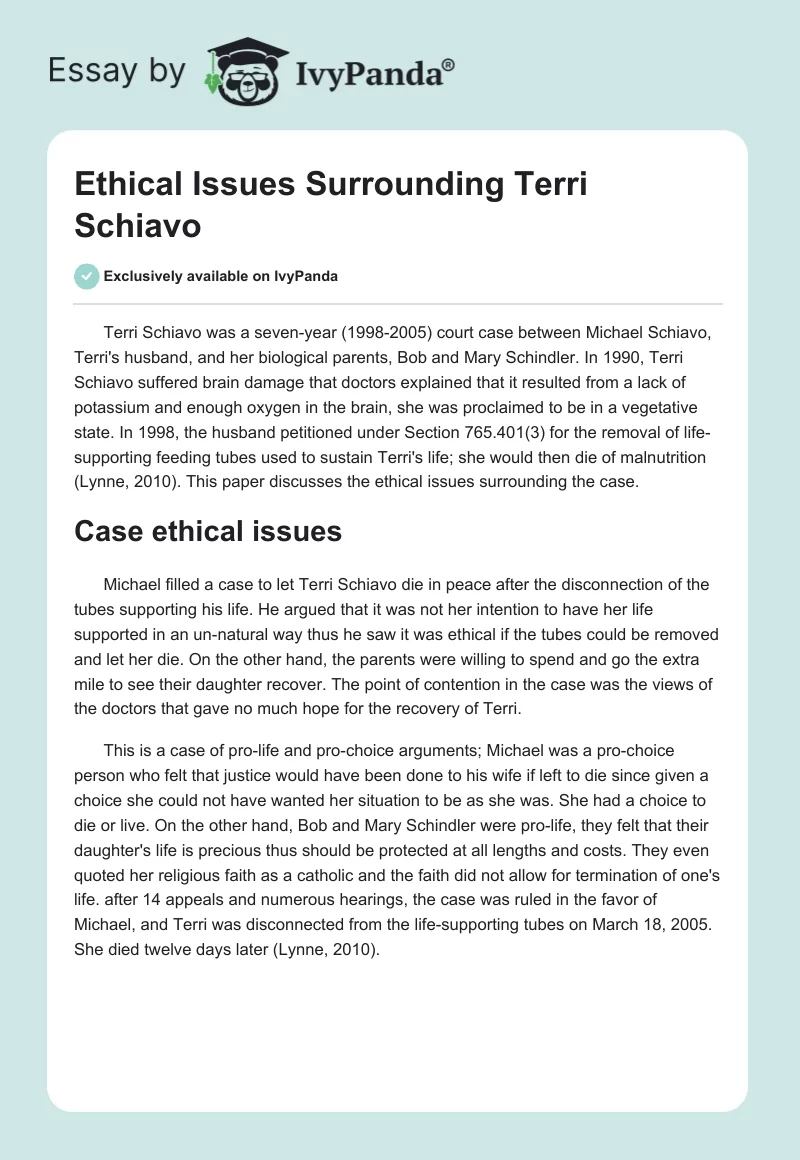 Ethical Issues Surrounding Terri Schiavo. Page 1