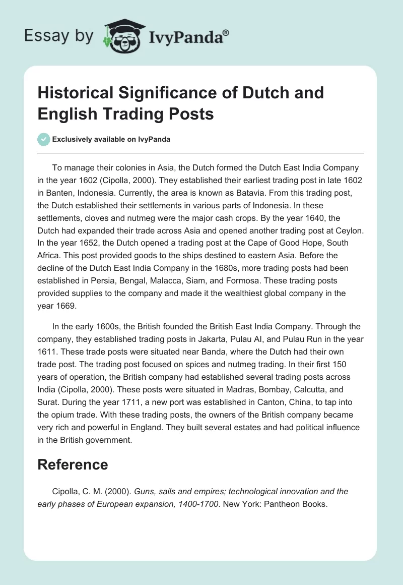 Historical Significance of Dutch and English Trading Posts. Page 1