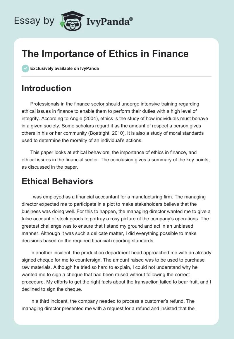 The Importance of Ethics in Finance. Page 1