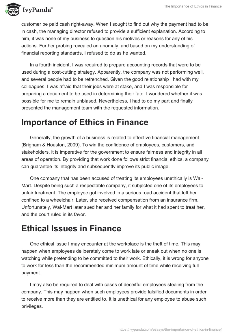 The Importance of Ethics in Finance. Page 2