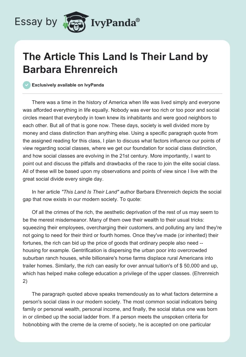 The Article "This Land Is Their Land" by Barbara Ehrenreich. Page 1
