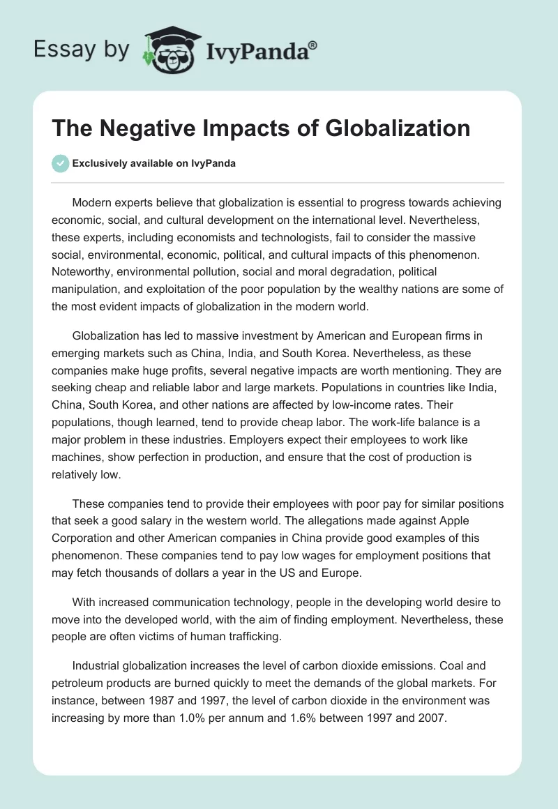 The Negative Impacts of Globalization. Page 1