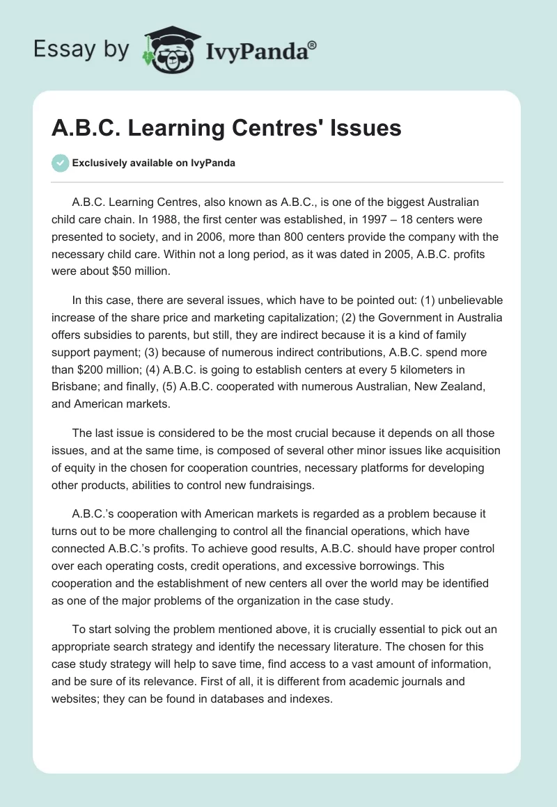 A.B.C. Learning Centres' Issues. Page 1