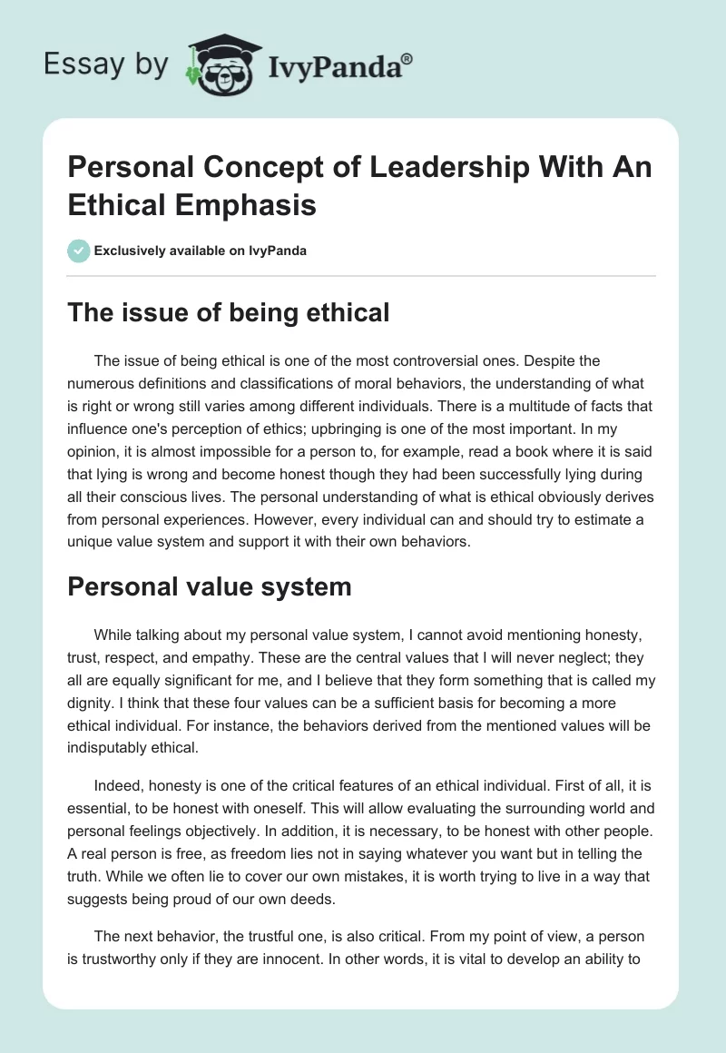 Personal Concept of Leadership With An Ethical Emphasis. Page 1