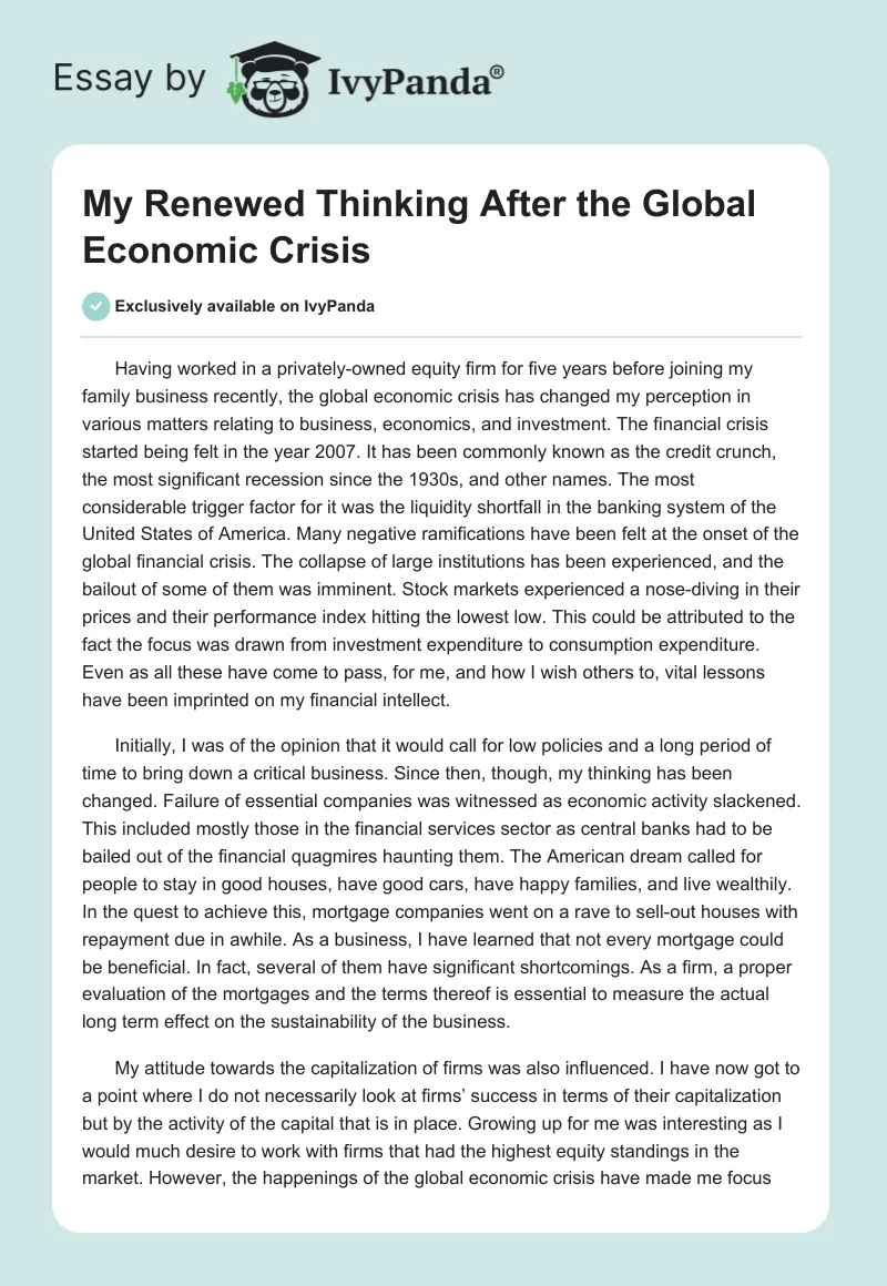 My Renewed Thinking After the Global Economic Crisis. Page 1