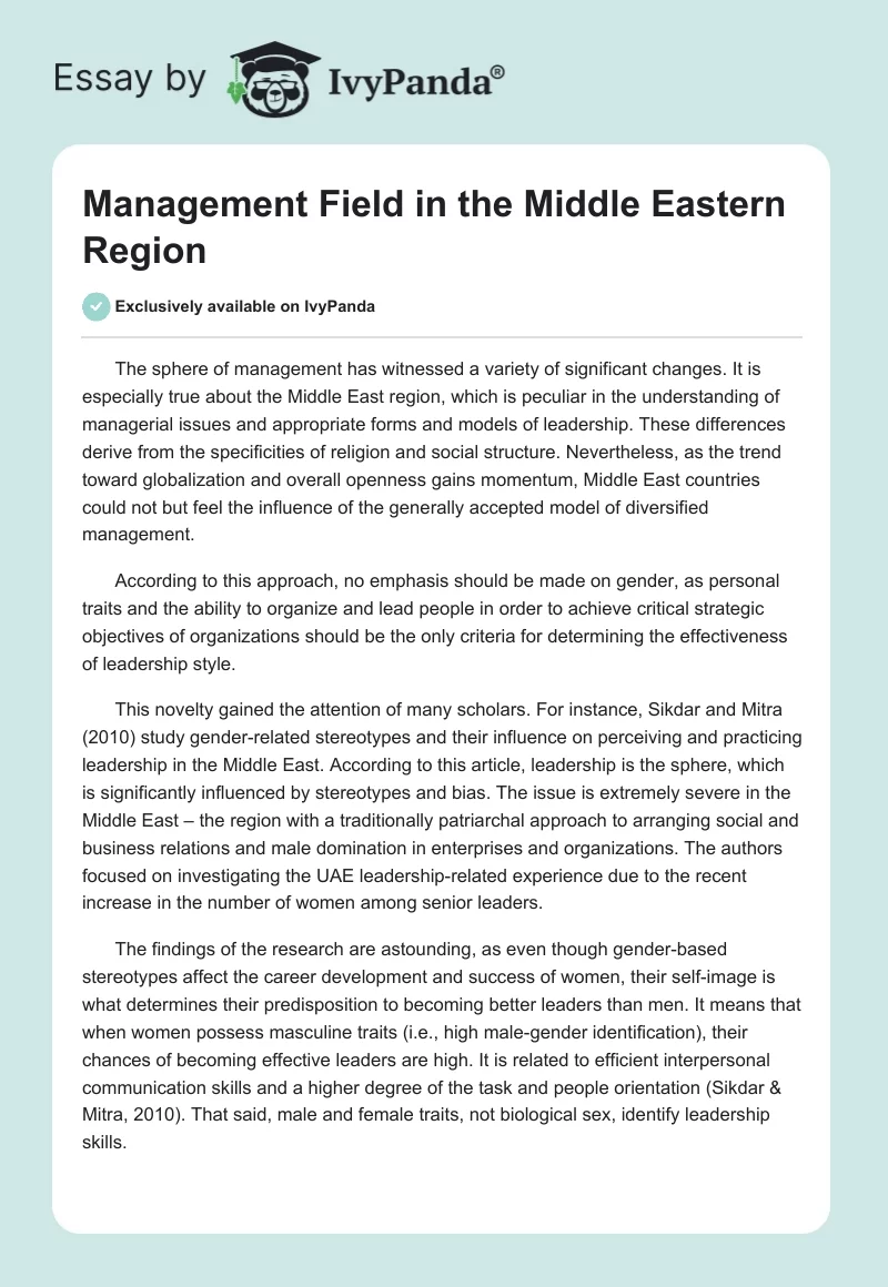Management Field in the Middle Eastern Region. Page 1