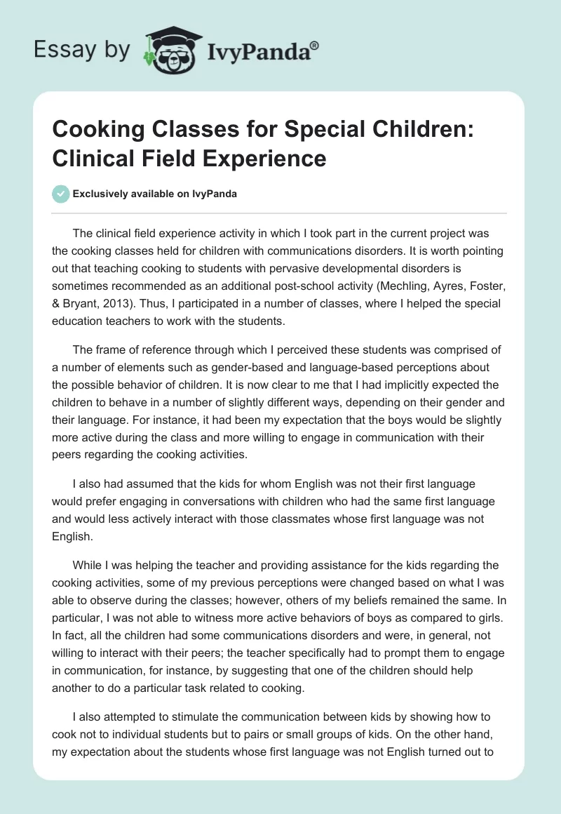 Cooking Classes for Special Children: Clinical Field Experience. Page 1
