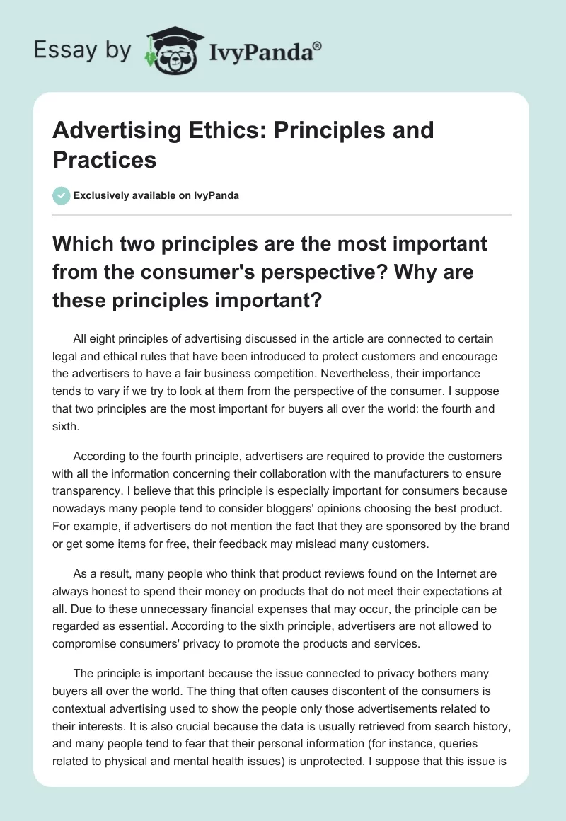 Advertising Ethics: Principles and Practices. Page 1