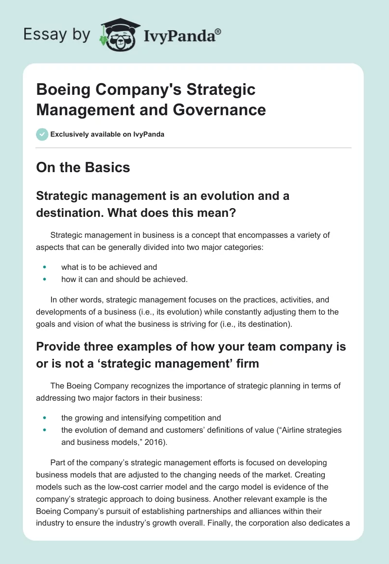 Boeing Company's Strategic Management and Governance. Page 1