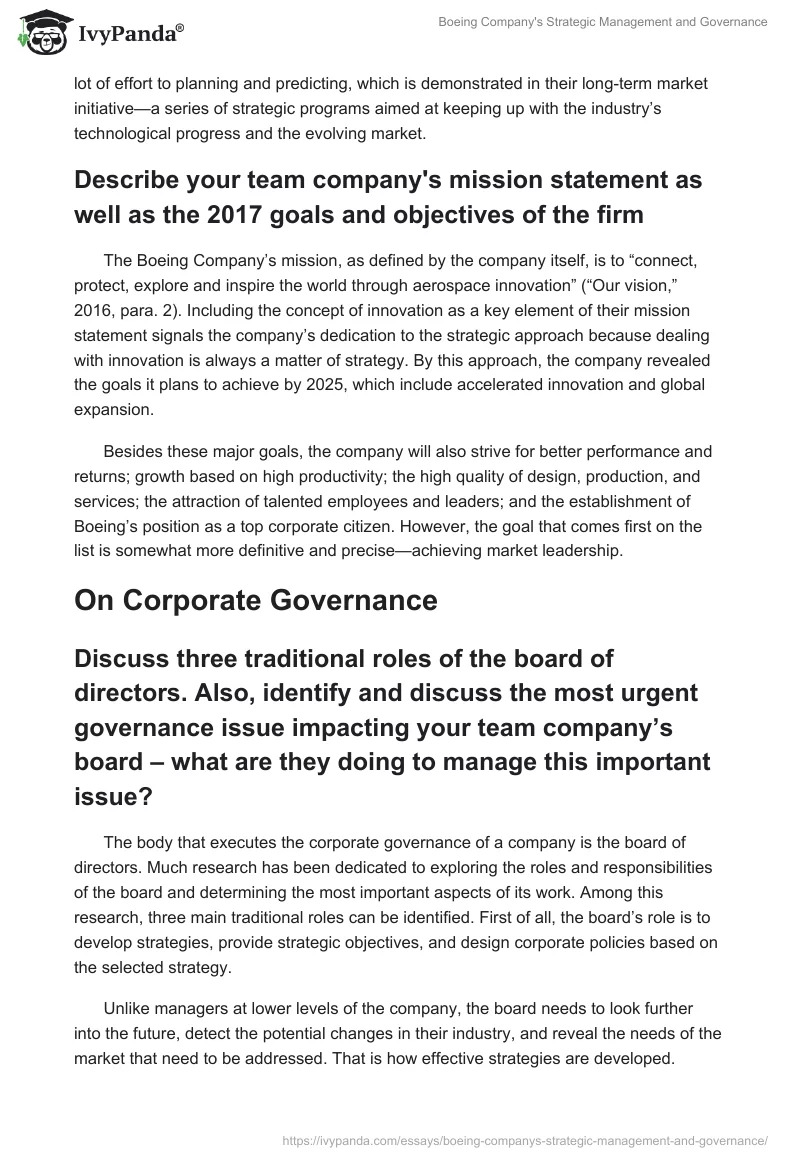 Boeing Company's Strategic Management and Governance. Page 2
